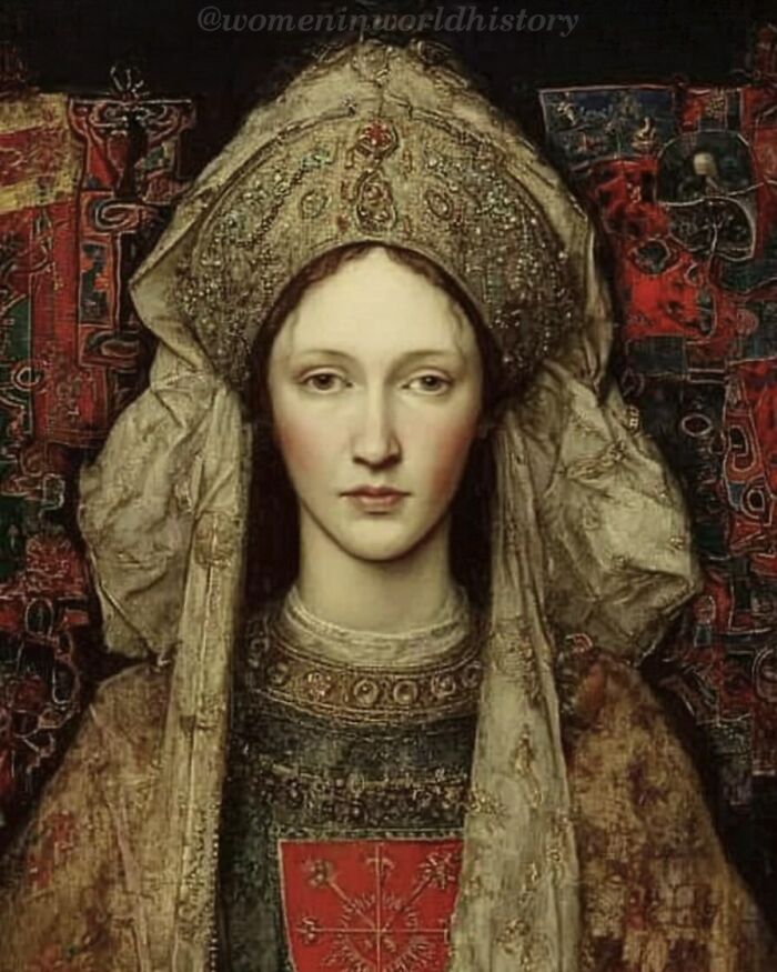 Portrait of a historical woman wearing an ornate headdress, representing overlooked women in history and their achievements.