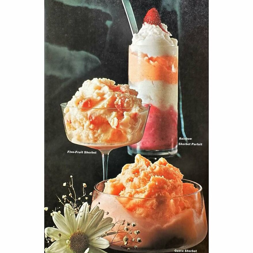 Three vintage sherbet desserts in elegant glassware labeled Five-Fruit Sherbet, Rainbow Sherbet Parfait, and Guava Sherbet.