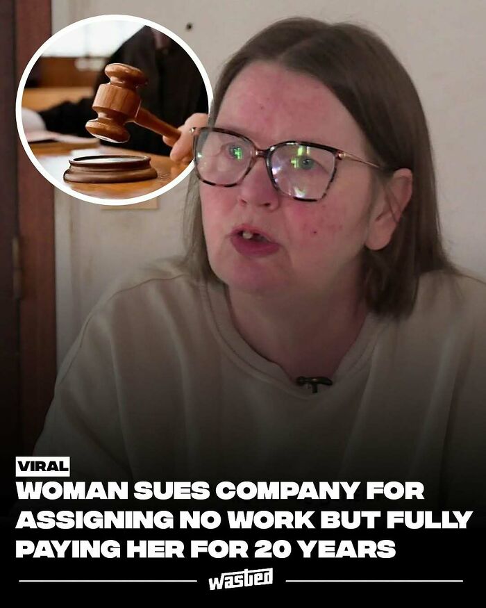 Woman sharing viral story about work lawsuit, featured on a page followed by 18.2M people for fun facts and new things.