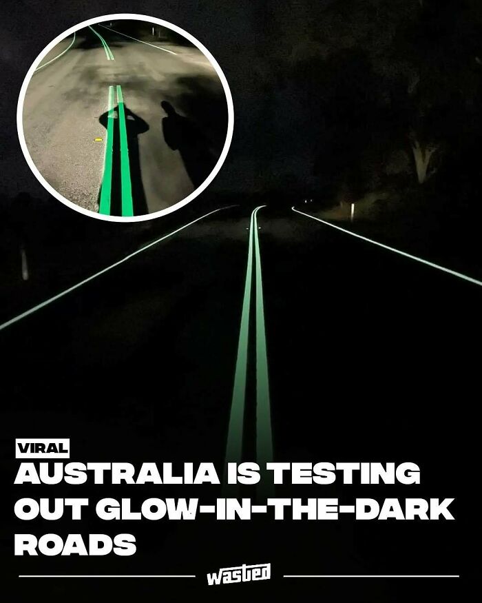 Glow-in-the-dark road lines in Australia illuminated at night, attracting people interested in fun facts and new things.