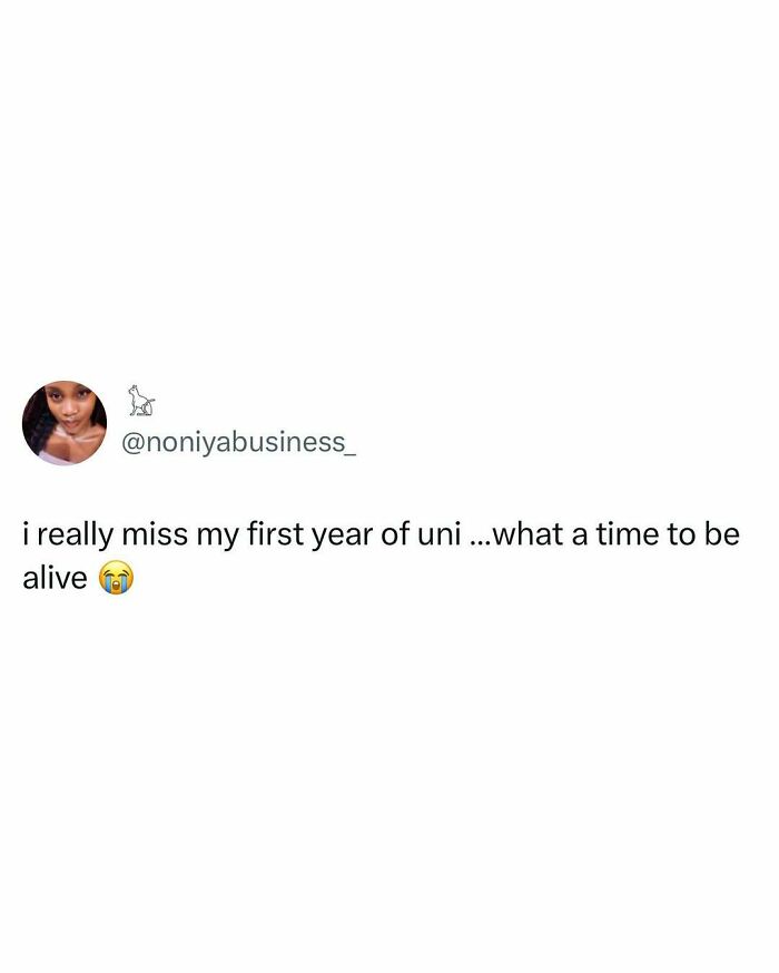 Social media post expressing nostalgia for first year of university, relatable student meme about college life struggles.