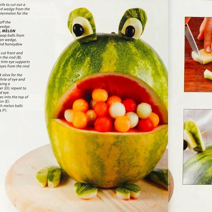 Vintage creative recipe of a watermelon frog holding melon balls, showcasing quirky Gen X snack ideas.