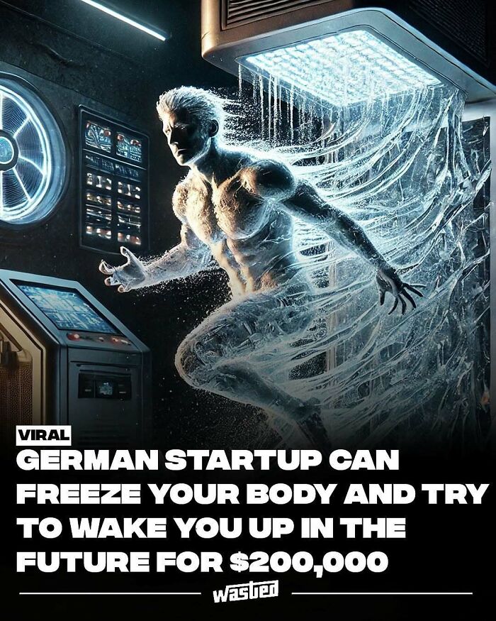 Cryonics concept showing a frozen human body emerging from a futuristic chamber, related to fun facts and new things.