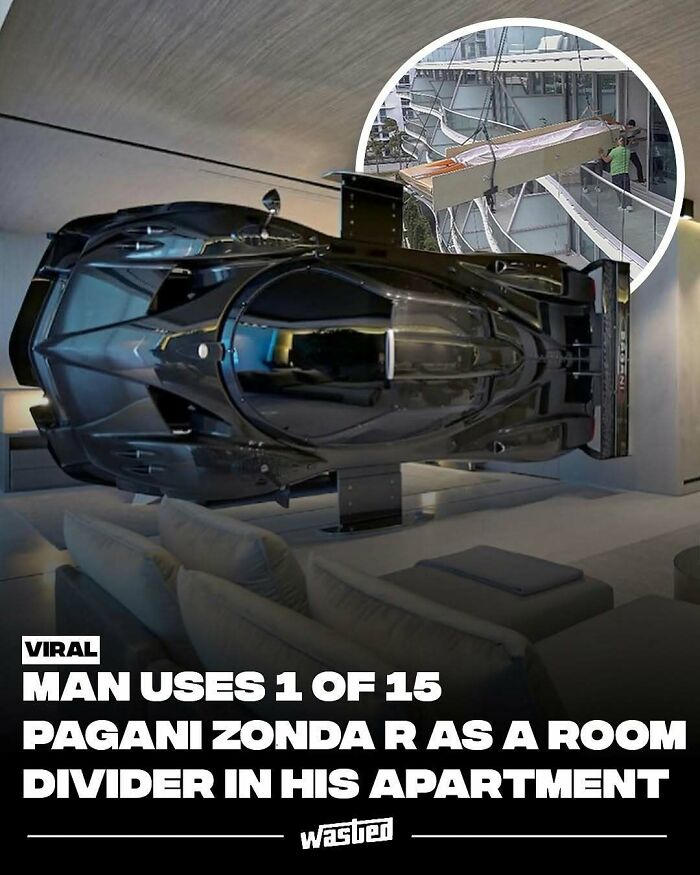 Black Pagani Zonda R car used as a unique room divider in a modern apartment, showcasing fun facts and new things.