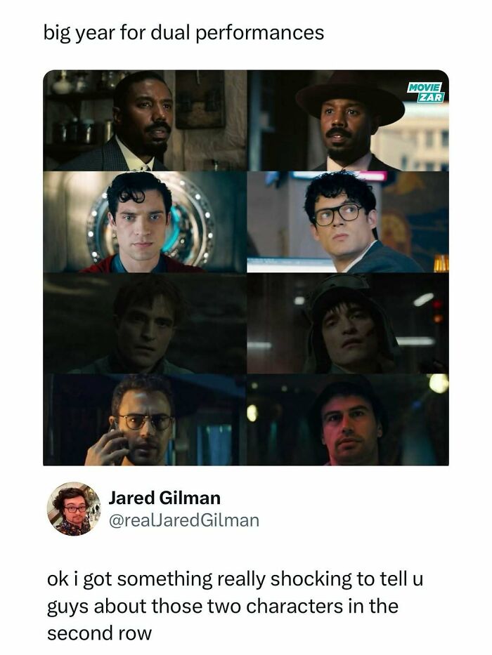 Movie meme showing dual performances with side-by-side comparisons of actors in different movie roles.