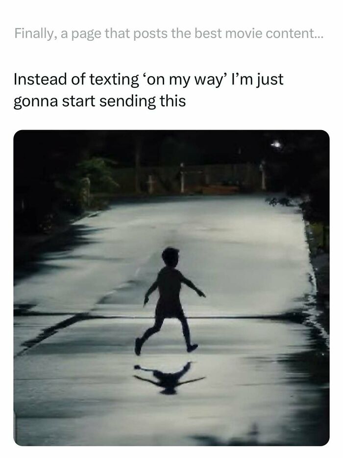 Child running across a wet road at night with reflection, a funny and interesting movie meme capturing relatable moments.