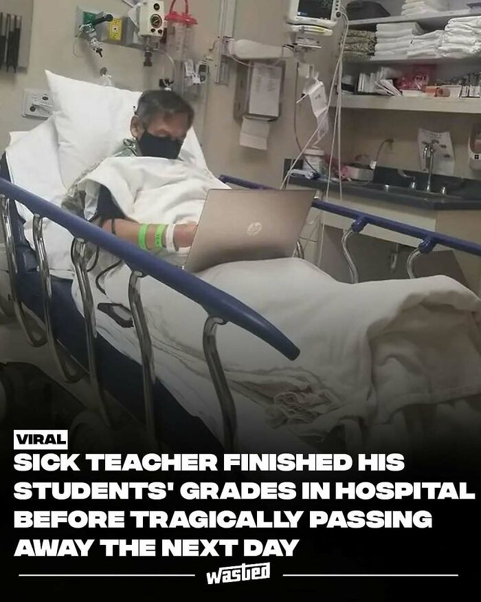 Patient in hospital bed using laptop, illustrating dedication to work and inspiring 18.2M people who follow for fun facts and new things.