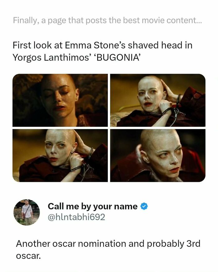 Images showing Emma Stone with a shaved head in the movie Bugonia, part of funny and interesting movie memes.