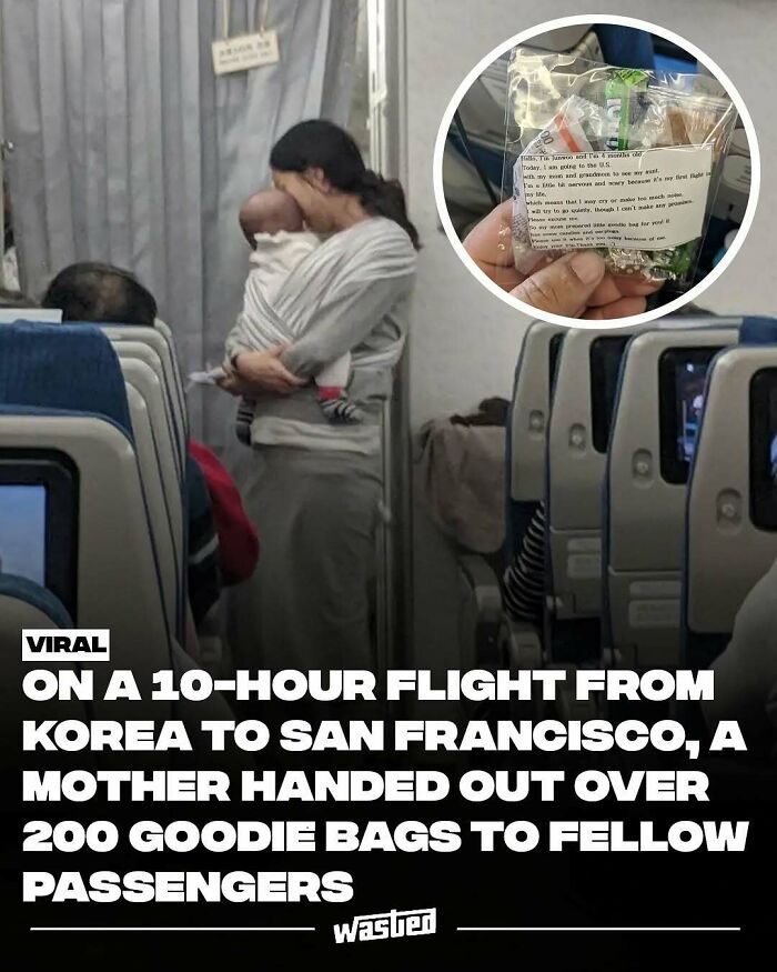 Mother on flight from Korea to San Francisco hands out goodie bags to passengers, inspiring 18.2M people to learn fun facts.
