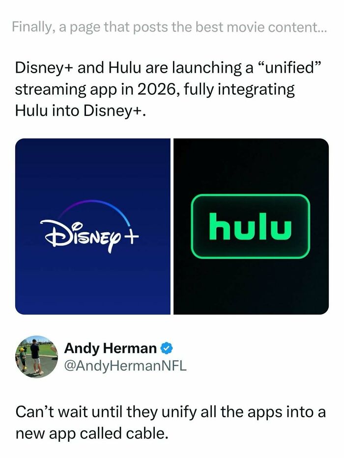 Tweet about Disney+ and Hulu merging into a unified streaming app, featured in funny and interesting movie memes.