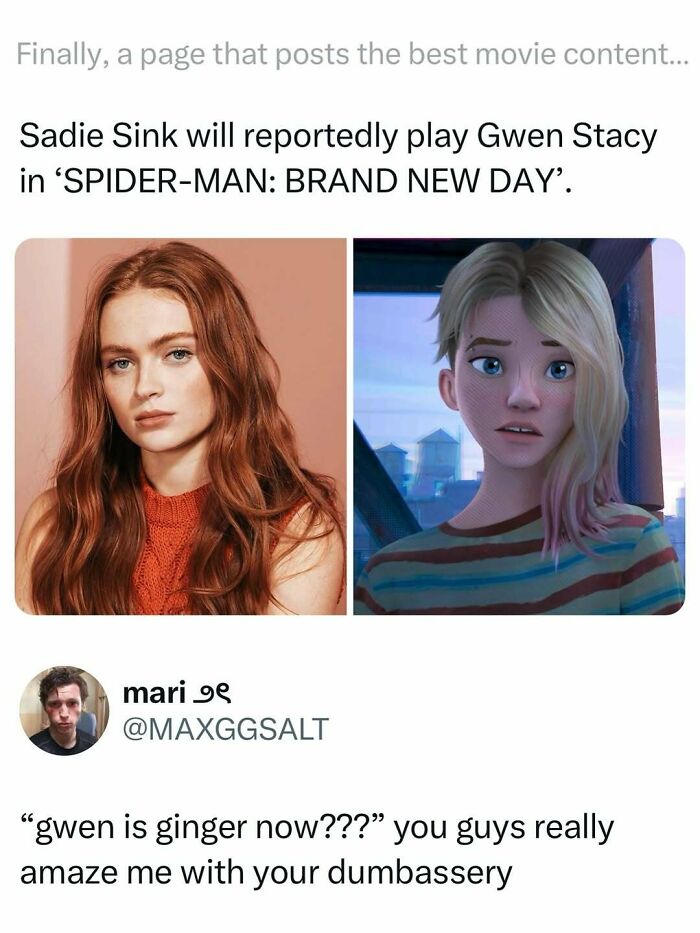 Sadie Sink reportedly cast as Gwen Stacy in Spider-Man, shared in funny and interesting movie memes and posts.