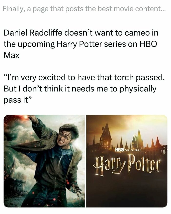Meme about Daniel Radcliffe declining a cameo in the HBO Max Harry Potter series, featured in funny movie memes.