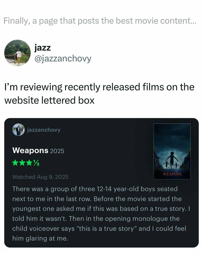 Movie meme showing a humorous review of the film Weapons with a funny story about a child's reaction.