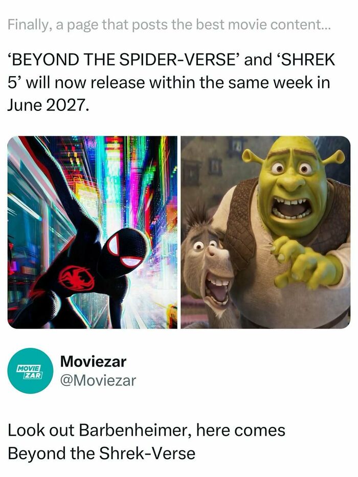 Movie memes featuring Beyond the Spider-Verse and Shrek 5 releasing the same week in 2027.