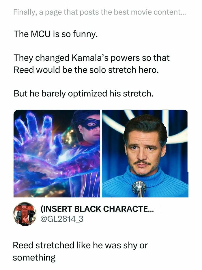 Movie memes showing MCU characters with humor about Reed's stretching powers in funny and interesting movie content.
