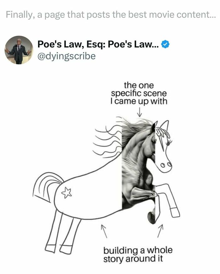 Funny movie meme showing a horse with one realistic scene and a simple drawing to depict story building in films.