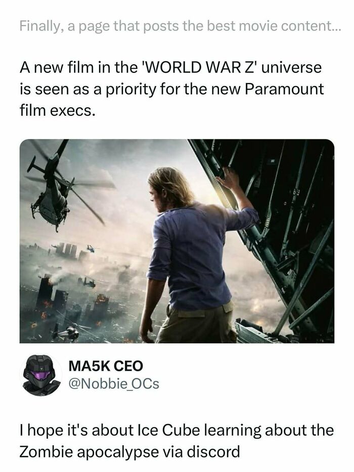 Man looking out from a helicopter door at city under attack with helicopters, movie memes about new World War Z film.