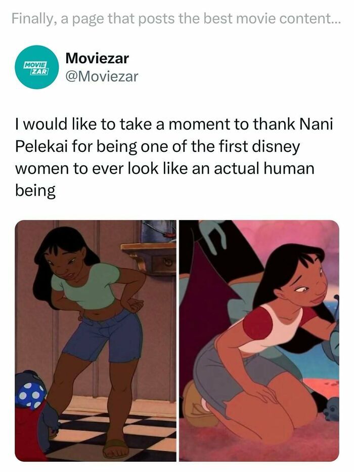 Movie meme highlighting Nani Pelekai as one of the first Disney women to look like an actual human being.