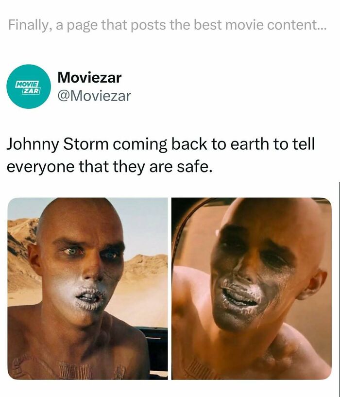 Meme showing Johnny Storm with burned face, humorously highlighting funny and interesting movie memes and posts.