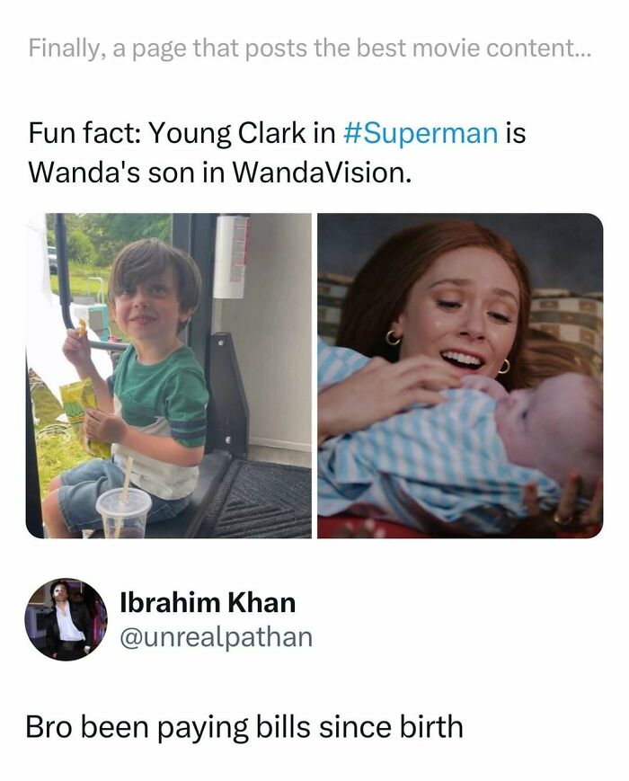 Young Clark from Superman and Wanda with baby in WandaVision shared in funny movie memes and posts.