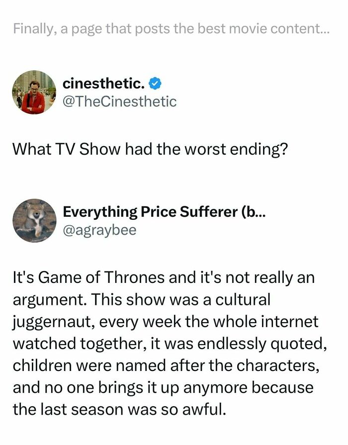 Twitter conversation about the worst TV show ending, highlighting Game of Thrones in funny and interesting movie memes.