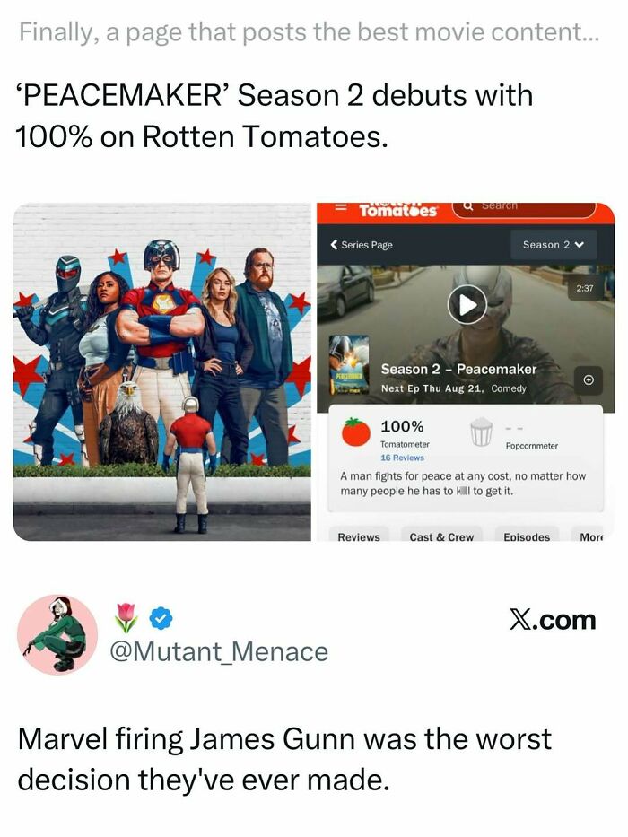 Movie memes post shows Peacemaker Season 2 debuting with 100% on Rotten Tomatoes and Marvel firing James Gunn reaction.