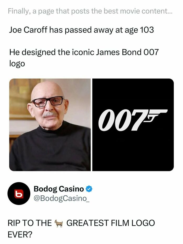 Portrait of Joe Caroff who designed the iconic James Bond 007 logo, featured in funny and interesting movie memes.