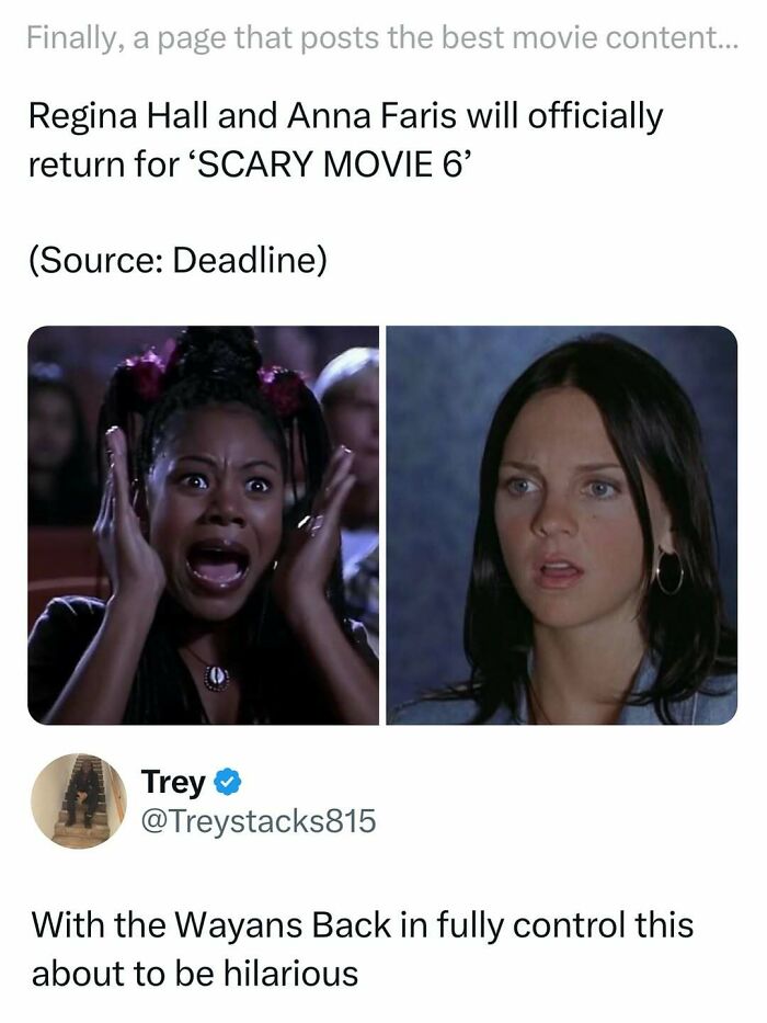 Funny and interesting movie memes showing excited reactions about Scary Movie 6 comeback with the Wayans involved.