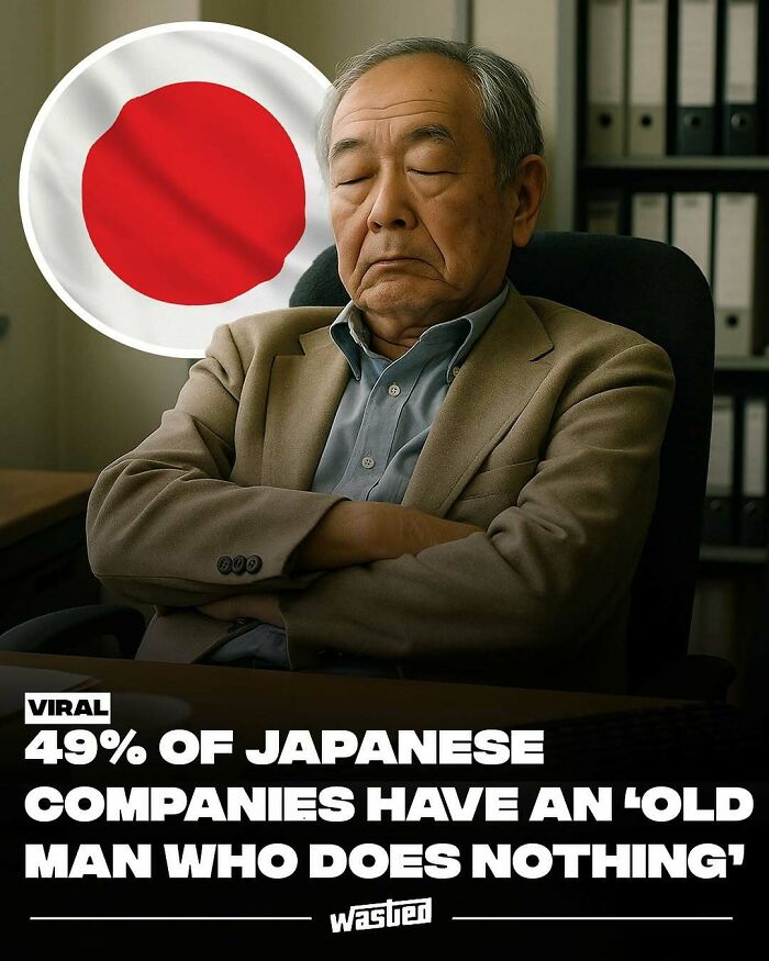 Elderly Japanese man sitting with arms crossed by a desk, highlighting a fun fact followed by millions of people.