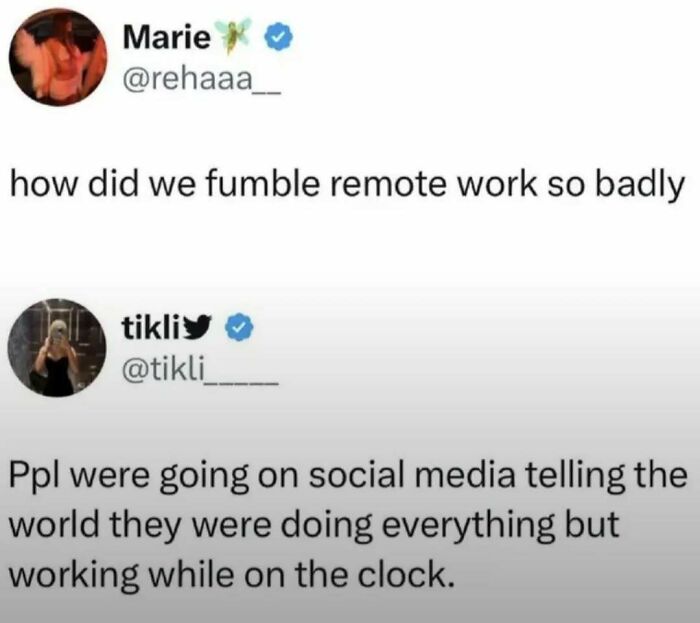 Two social media users discuss remote work struggles and distractions in a meme from Laughgorithm's collection of memes.