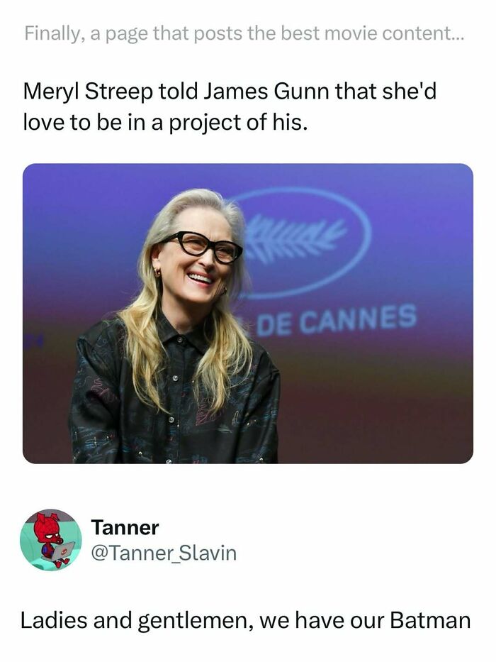 Meryl Streep smiling at a Cannes event with a tweet about movie memes referencing Batman and James Gunn projects.