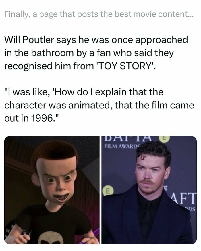Meme comparing actor Will Poutler with an animated Toy Story character, highlighting funny movie memes content.