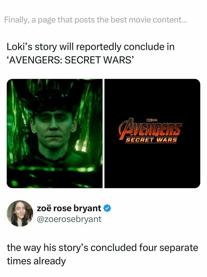 Meme about Loki's story concluding in Avengers Secret Wars, shared on a popular movie memes and posts page.