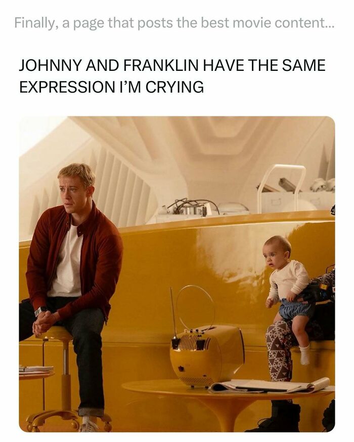Man and baby with similar expressions sitting in a yellow room, shown in a funny and interesting movie meme post.