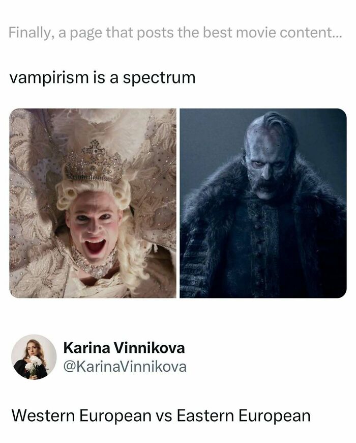 Movie memes comparing Western European and Eastern European vampire characters showing humor in movie content.