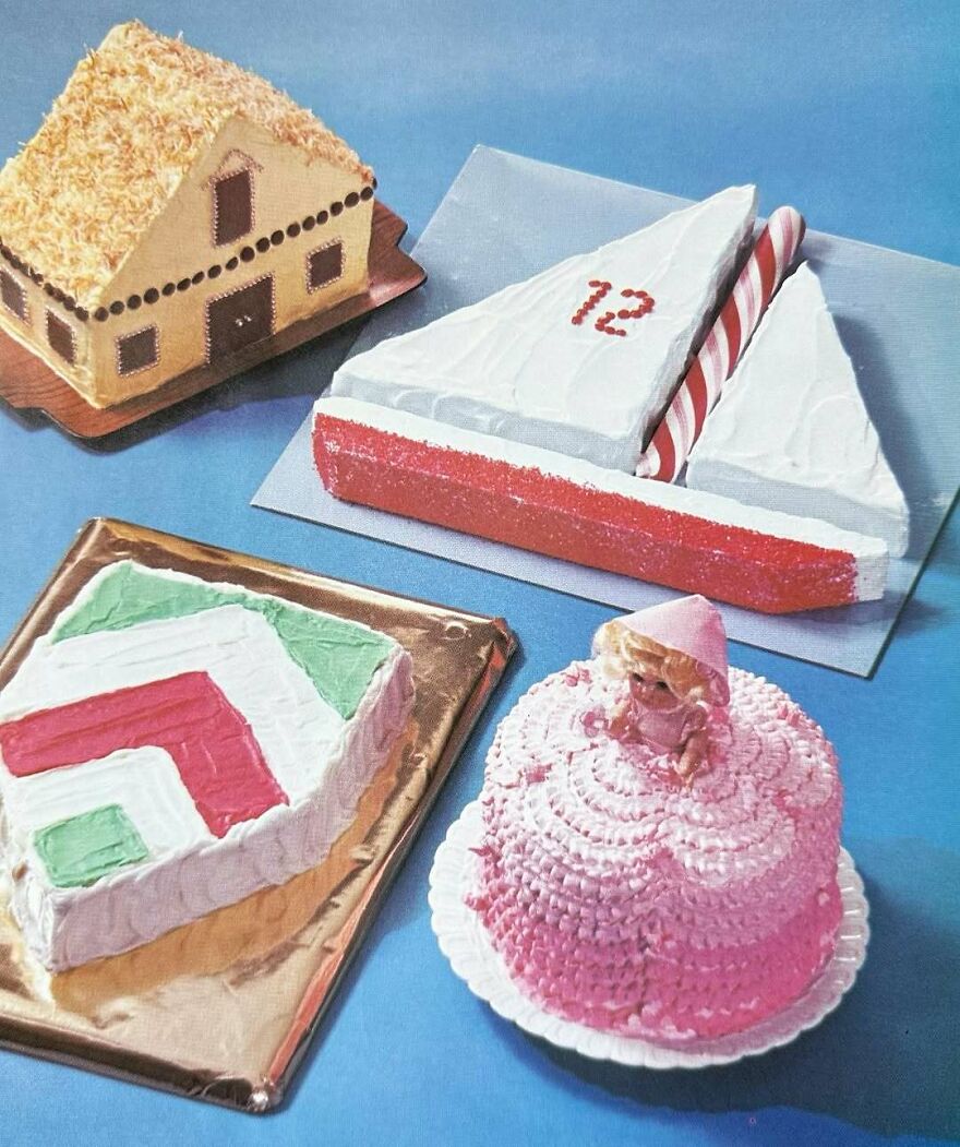 Vintage recipes featuring bizarre cakes shaped like a house, sailboat, geometric design, and doll in a pink dress.