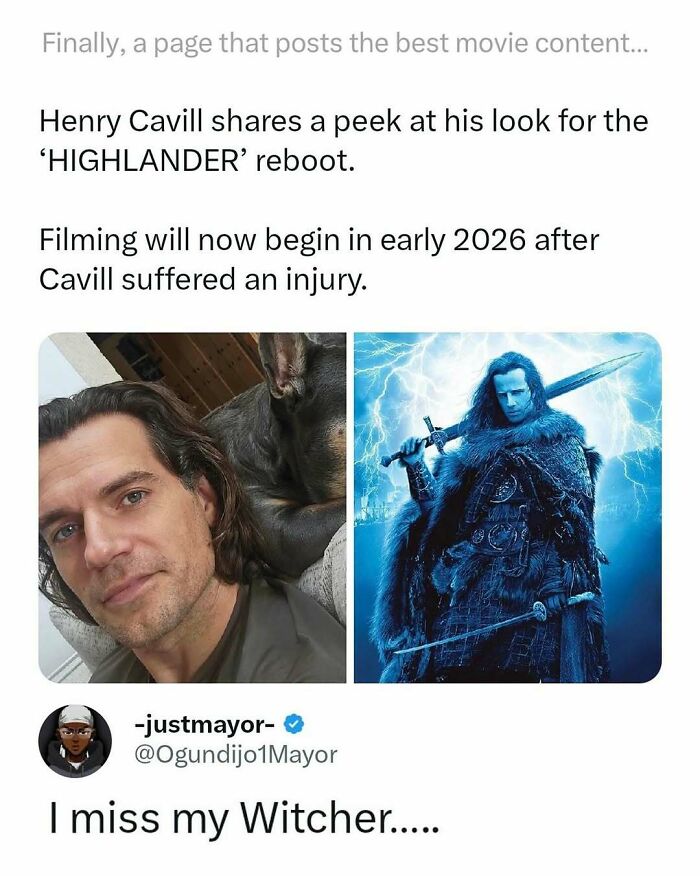 Henry Cavill shares a look for Highlander reboot in a funny movie meme with a fan missing his Witcher role.