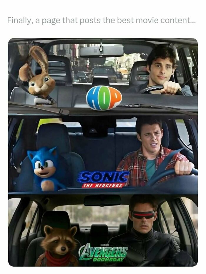 Three split-screen scenes showing characters from movie memes Hop, Sonic the Hedgehog, and Avengers Doomsday, with drivers in cars.