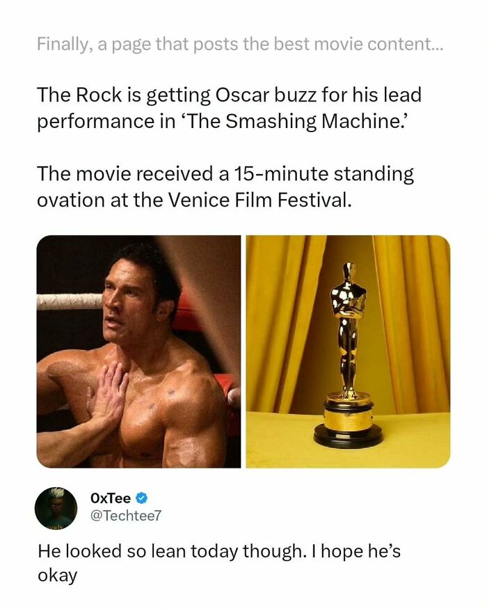 Funny movie meme showing The Rock praised for a film with a standing ovation and an Oscar statue next to him.