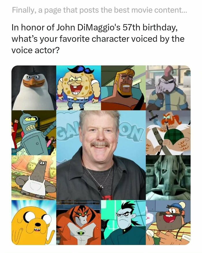 Collage showing animated characters and a voice actor, representing funny and interesting movie memes and posts.