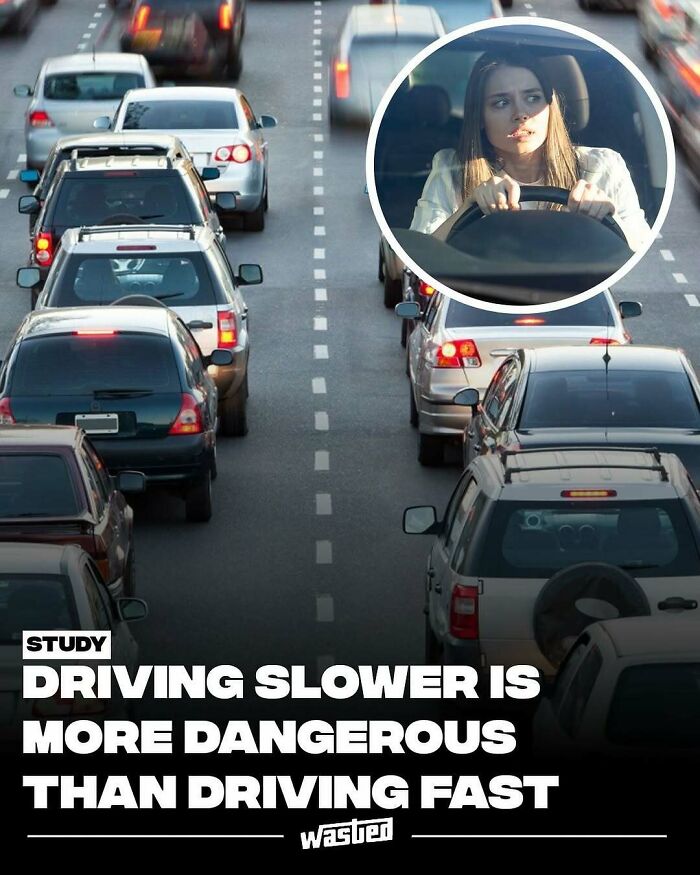 Traffic jam with a worried driver in focus, highlighting dangers of driving slower, engaging 18.2M people to learn fun facts.