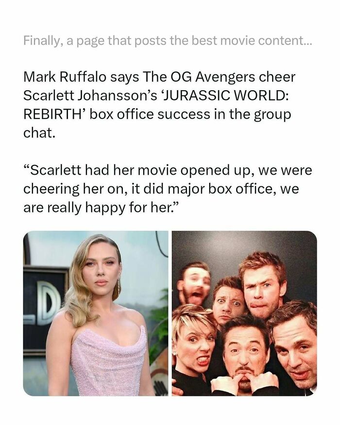 Scarlett Johansson at premiere and Avengers cast making funny faces, capturing movie memes and posts about films.