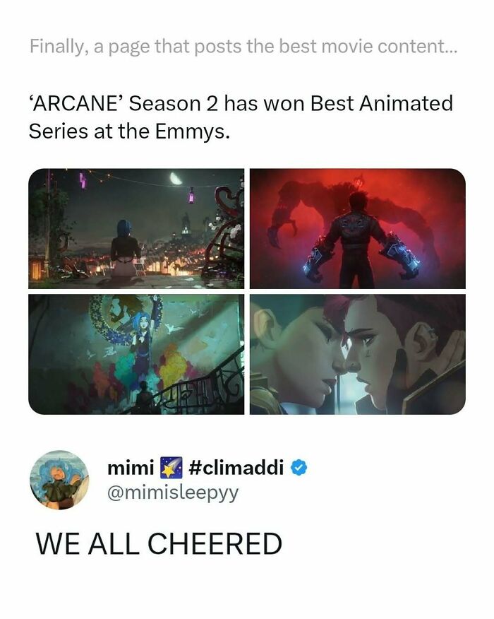 Screenshot of a movie meme celebrating Arcane Season 2 winning Best Animated Series with fans cheering.