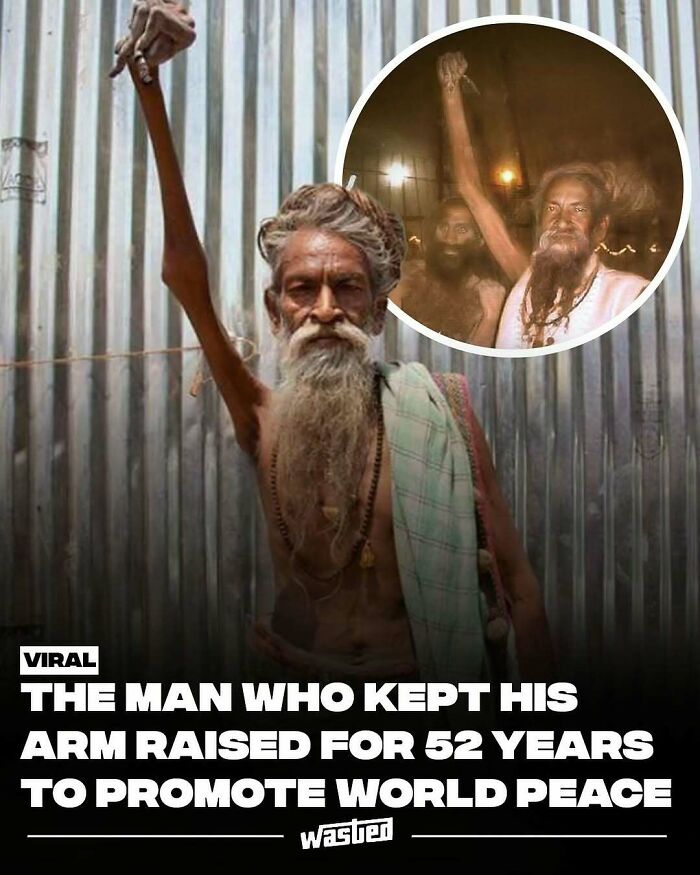 Man with long beard keeping arm raised for decades promoting world peace, popular on a fun facts page with 18.2M followers.