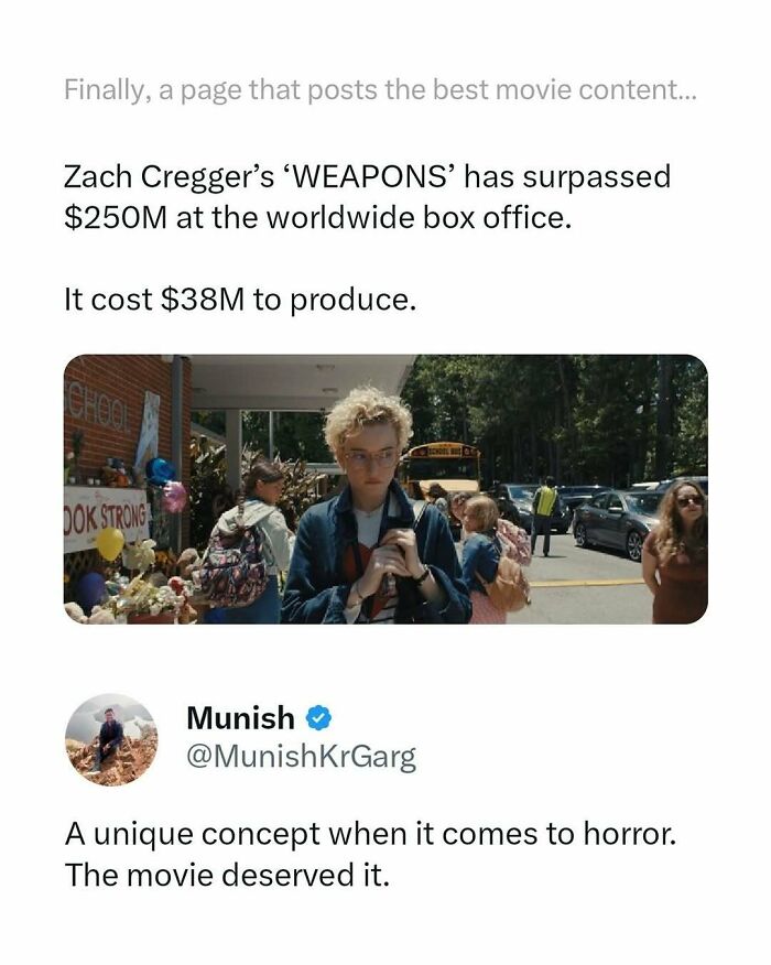 Tweet showing movie meme about Zach Cregger’s horror film 'WEAPONS' with box office success and audience reactions.