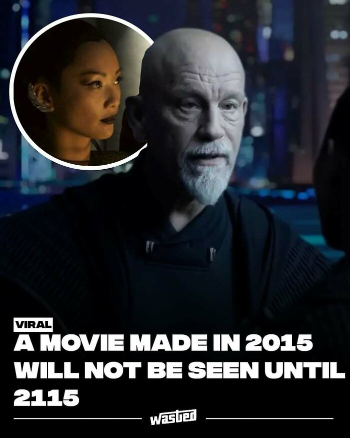 Two characters from a sci-fi movie with text about a movie made in 2015 and unseen until 2115, fun facts about films.