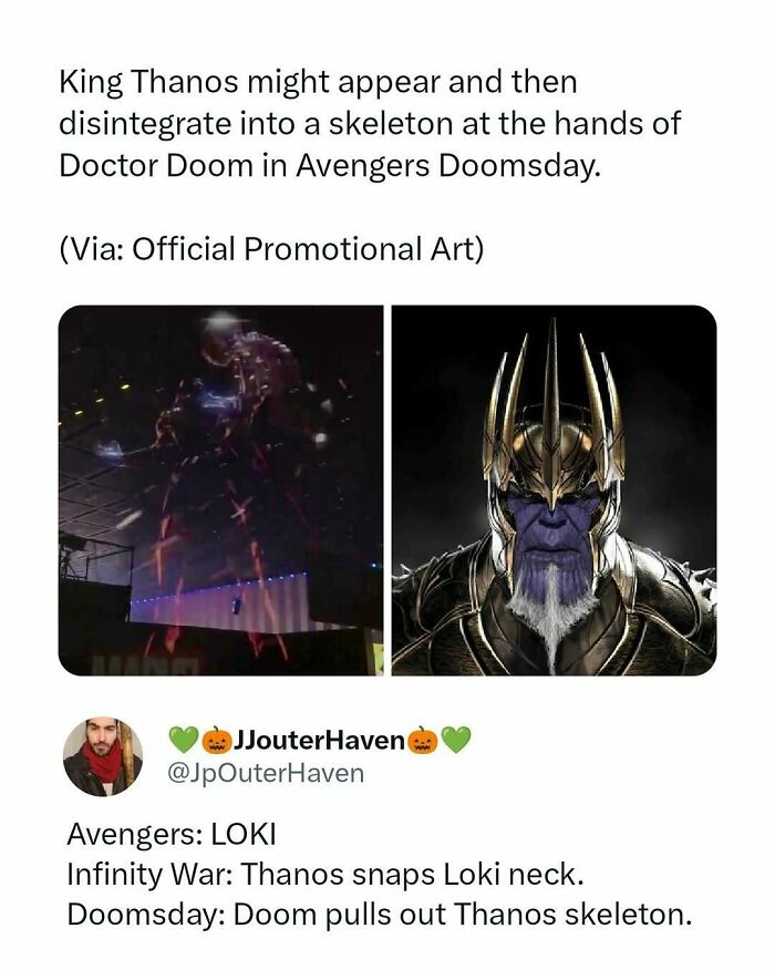 Movie memes showing Thanos turning into a skeleton after Doctor Doom defeats him in a humorous Avengers Doomsday post.