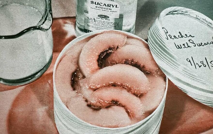 Vintage recipe for peaches preserved with sugar in a labeled container, showcasing bizarre dishes of the past.