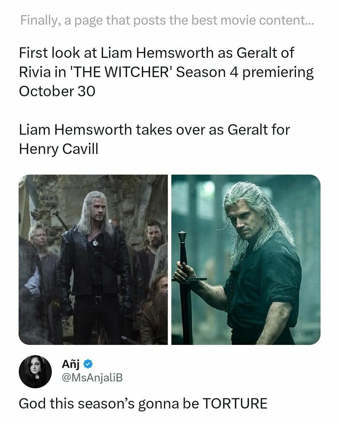 Liam Hemsworth as Geralt of Rivia in The Witcher season 4 meme highlighting movie memes that hit harder.