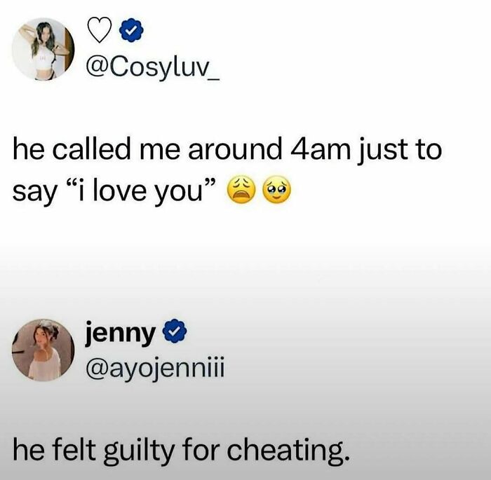 Social media meme featuring a 4am love confession and a humorous response about guilt, part of Laughgorithm memes.